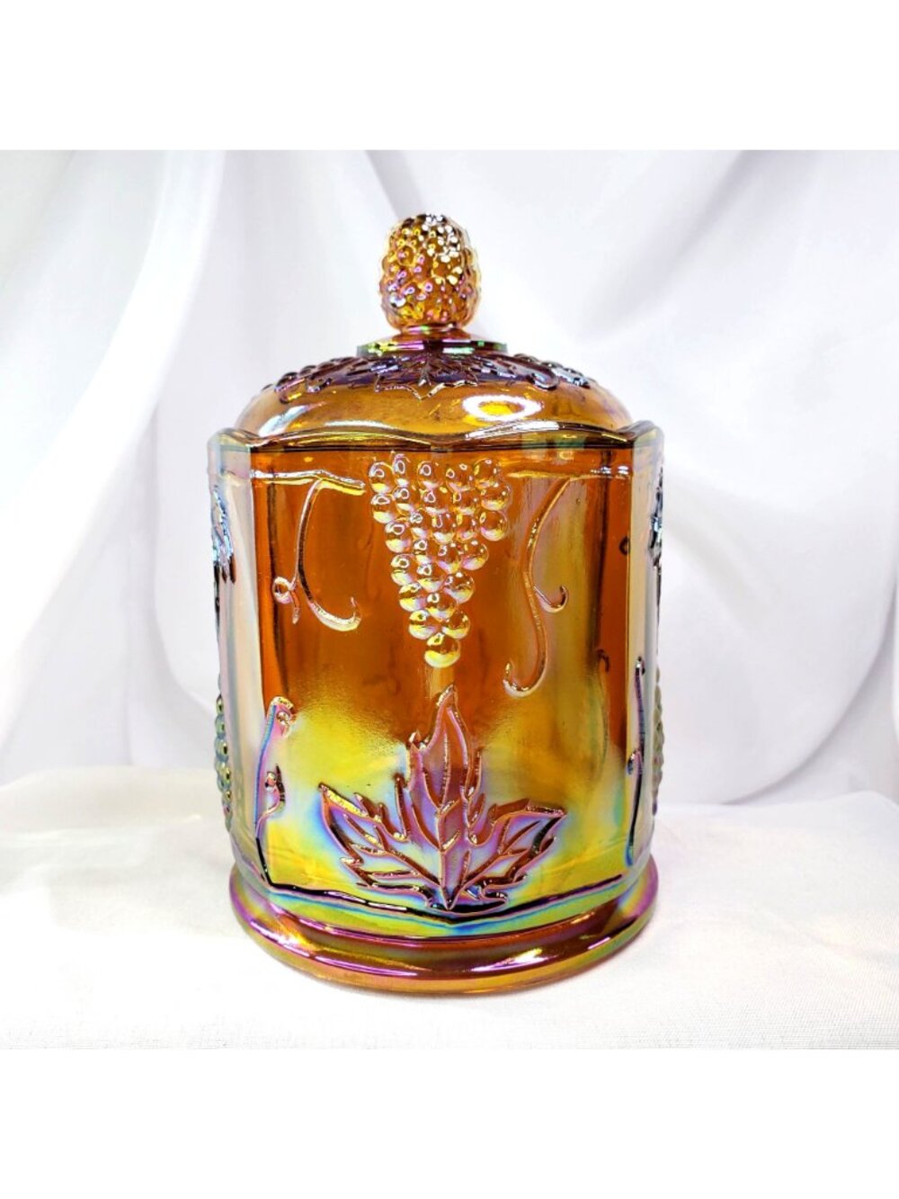 VTG Marigold Carnival Glass Canister Jar & Lid 7" Harvest Grape Indiana Glass - Picture 12 of 16
